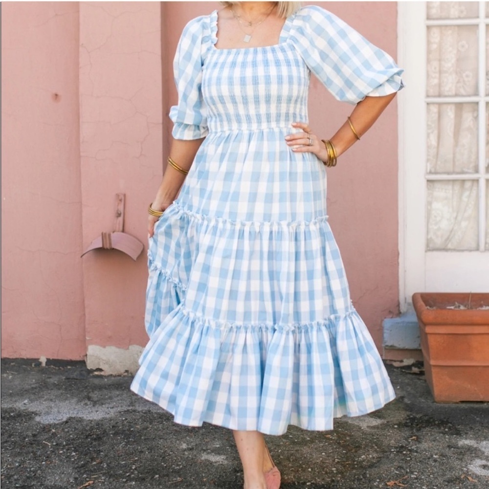 Ivy City Co Mia Blue Cotton Gingham Midi Dress Smocked Puff Sleeve New Size XXS